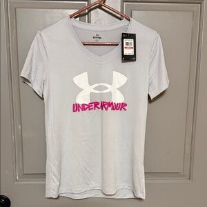 Under Armour Light Gray V-Neck Tee with White Logo and Pink Script